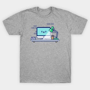 Cute Computer in Workspace Cartoon T-Shirt